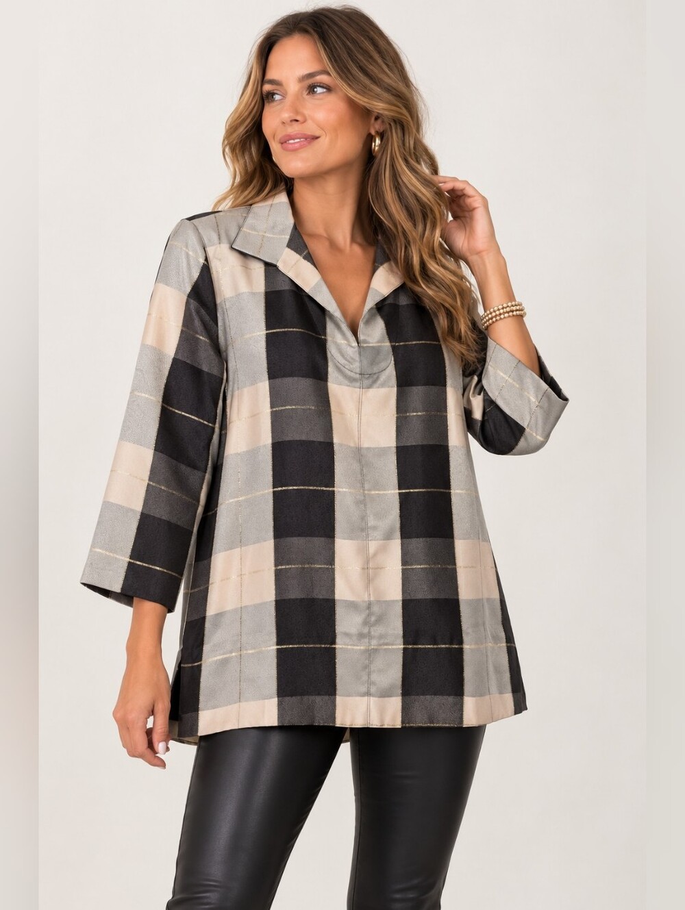 Tuckernuck XL Metallic Plaid Tunic Top Black Cream Gold